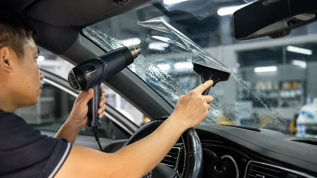 Kỹ thuật viên thi công dán phim cách nhiệt lên kính lái ô tô trong garage