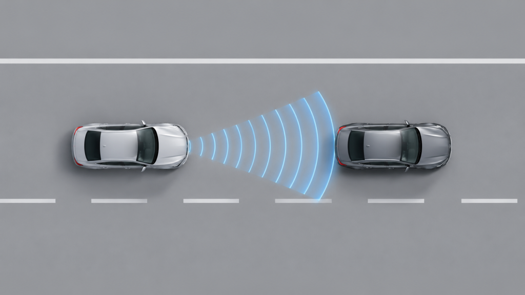 Minh họa cảm biến radar đo khoảng cách giữa hai xe trên cao tốc
