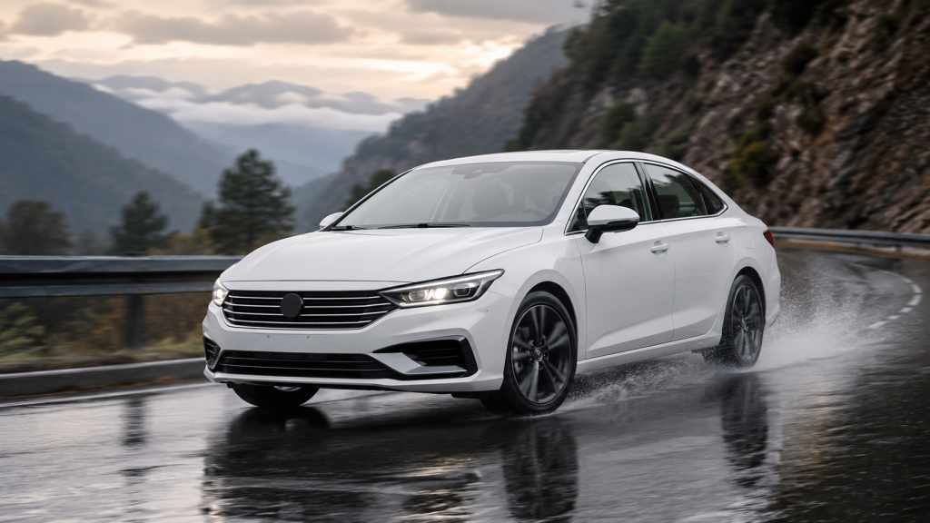 Xe sedan vào cua trên đường ướt nhờ hệ thống cân bằng điện tử ESP