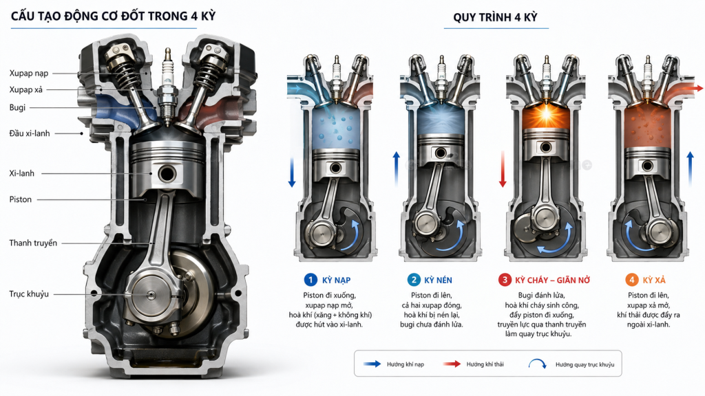 Sơ đồ cắt lớp cấu tạo động cơ ô tô với piston, trục khuỷu và xupap