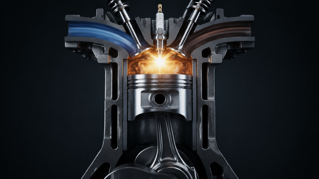 Minh họa piston nén nhiên liệu trong buồng đốt động cơ ô tô
