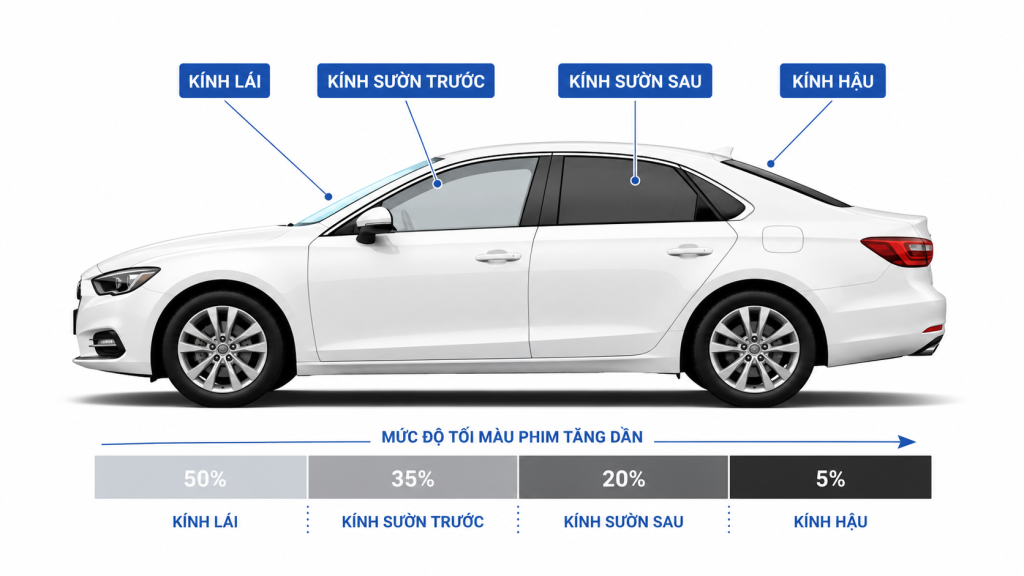 Sơ đồ chọn độ truyền sáng phim cách nhiệt cho từng vị trí kính ô tô