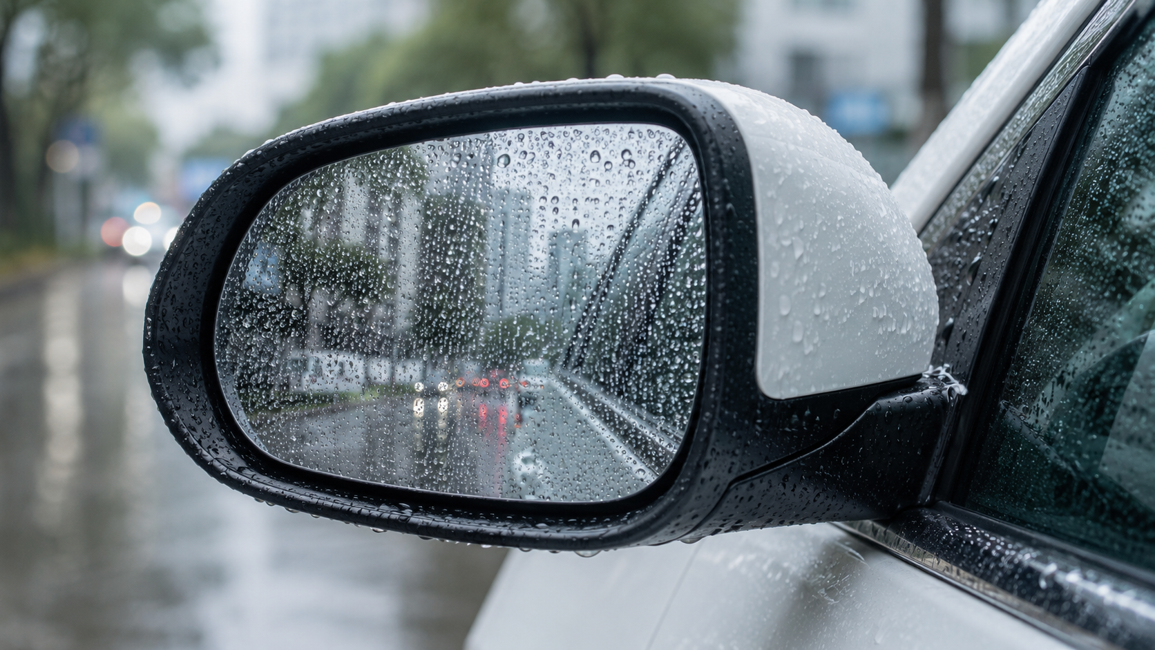 Gương chiếu hậu ô tô đọng nước và mờ nhòe trong ngày mưa