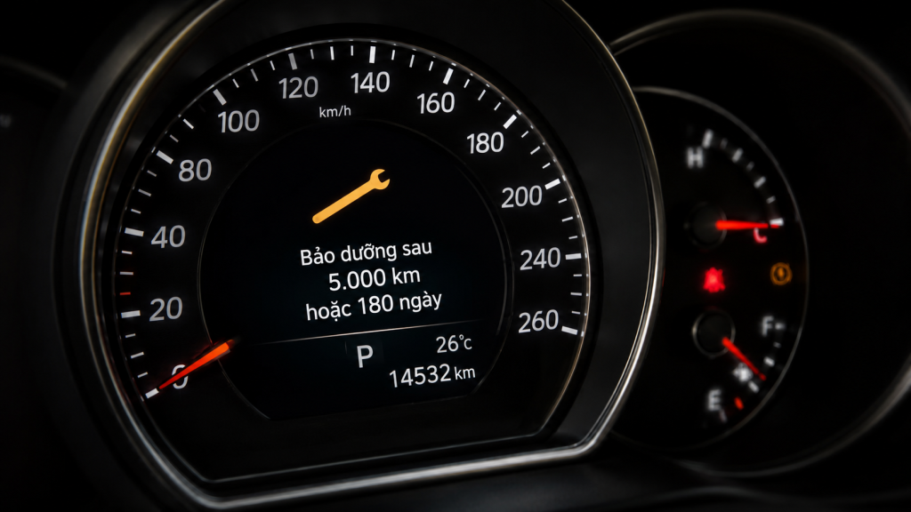 Đồng hồ công-tơ-mét ô tô hiển thị mốc km cần thay dầu định kỳ