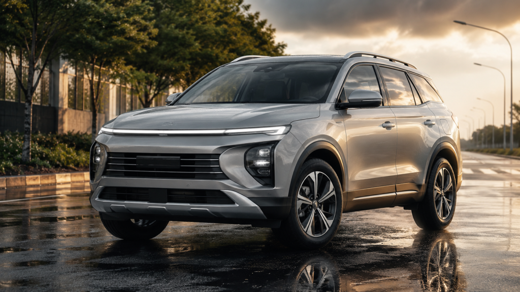 SUV gầm cao dẫn động AWD bám đường trên mặt nhựa ướt sau mưa