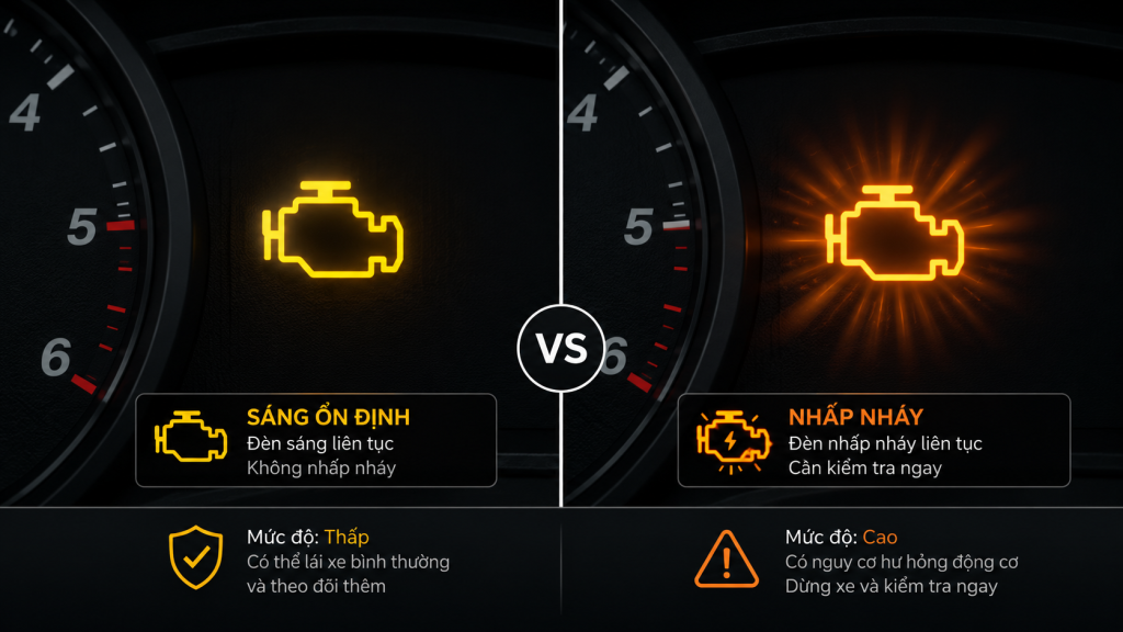 So sánh đèn check engine sáng đứng và đèn check engine nhấp nháy trên xe