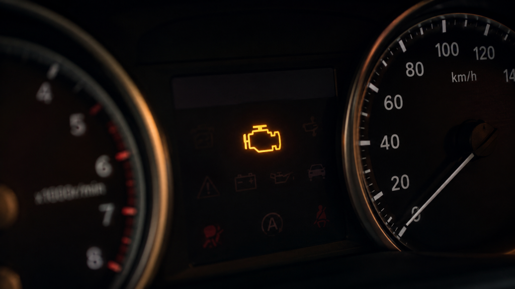 Đèn check engine màu vàng sáng trên bảng đồng hồ ô tô hiện đại