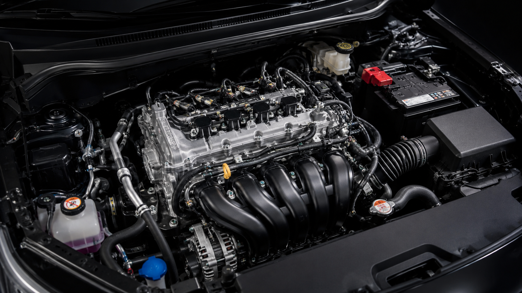Cận cảnh khoang động cơ ô tô sedan với khối máy 4 xi-lanh