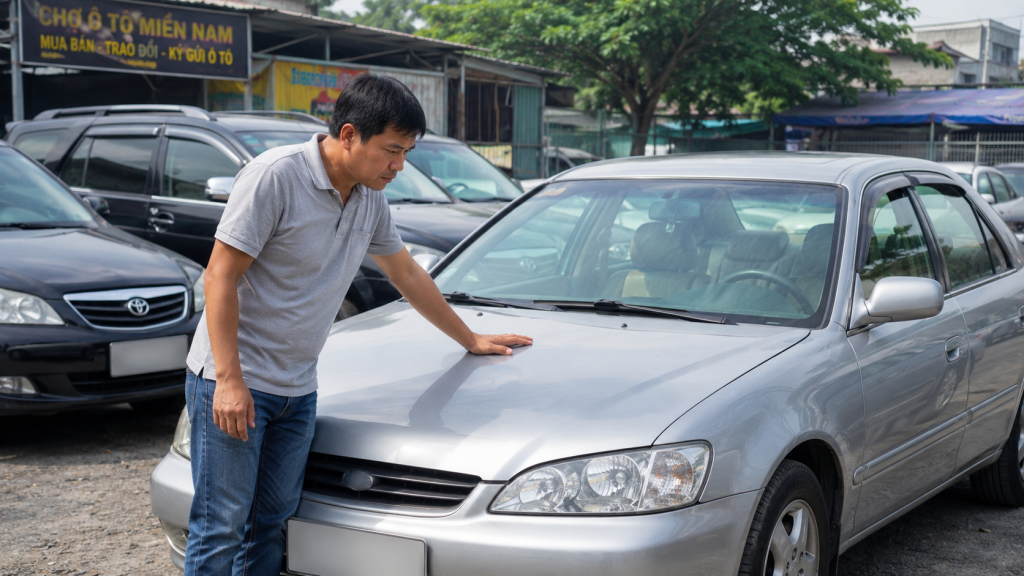 Người mua đang kiểm tra một chiếc ô tô cũ tại bãi xe trước khi mua