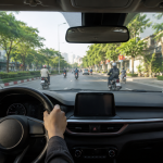 Góc nhìn từ ghế lái với hai tay đặt đúng vị trí trên vô lăng ô tô