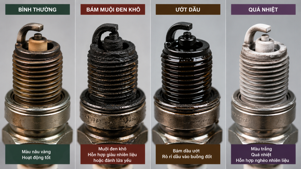 Các màu đầu bugi ô tô khác nhau dùng để chẩn đoán tình trạng động cơ