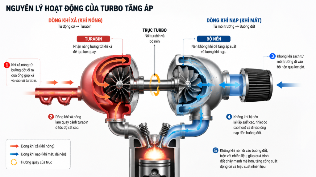 Sơ đồ nguyên lý turbo tăng áp với dòng khí xả làm quay tuabin