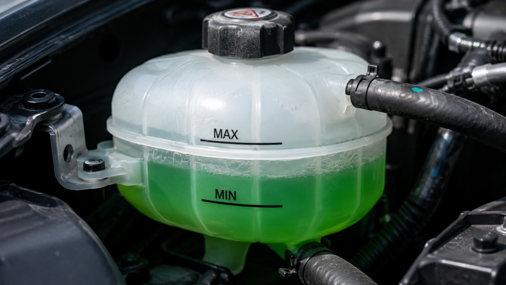 Bình chứa nước làm mát ô tô màu xanh trong khoang động cơ với vạch min max