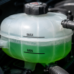 Bình chứa nước làm mát ô tô màu xanh trong khoang động cơ với vạch min max