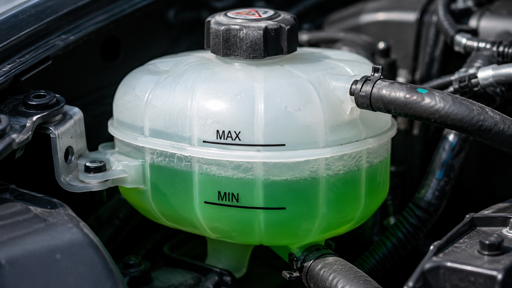 Bình chứa nước làm mát ô tô màu xanh trong khoang động cơ với vạch min max