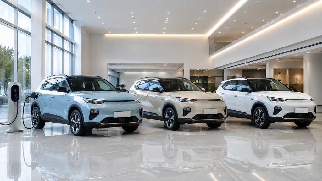 Ba phiên bản SUV cỡ B xăng, hybrid và thuần điện đỗ trong showroom