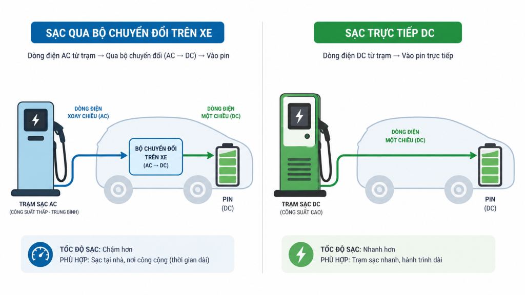 Sơ đồ so sánh đường đi của dòng điện khi sạc AC và khi sạc DC