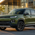 SUV đô thị cỡ B thiết kế vuông vức đỗ trước tòa nhà kính hiện đại