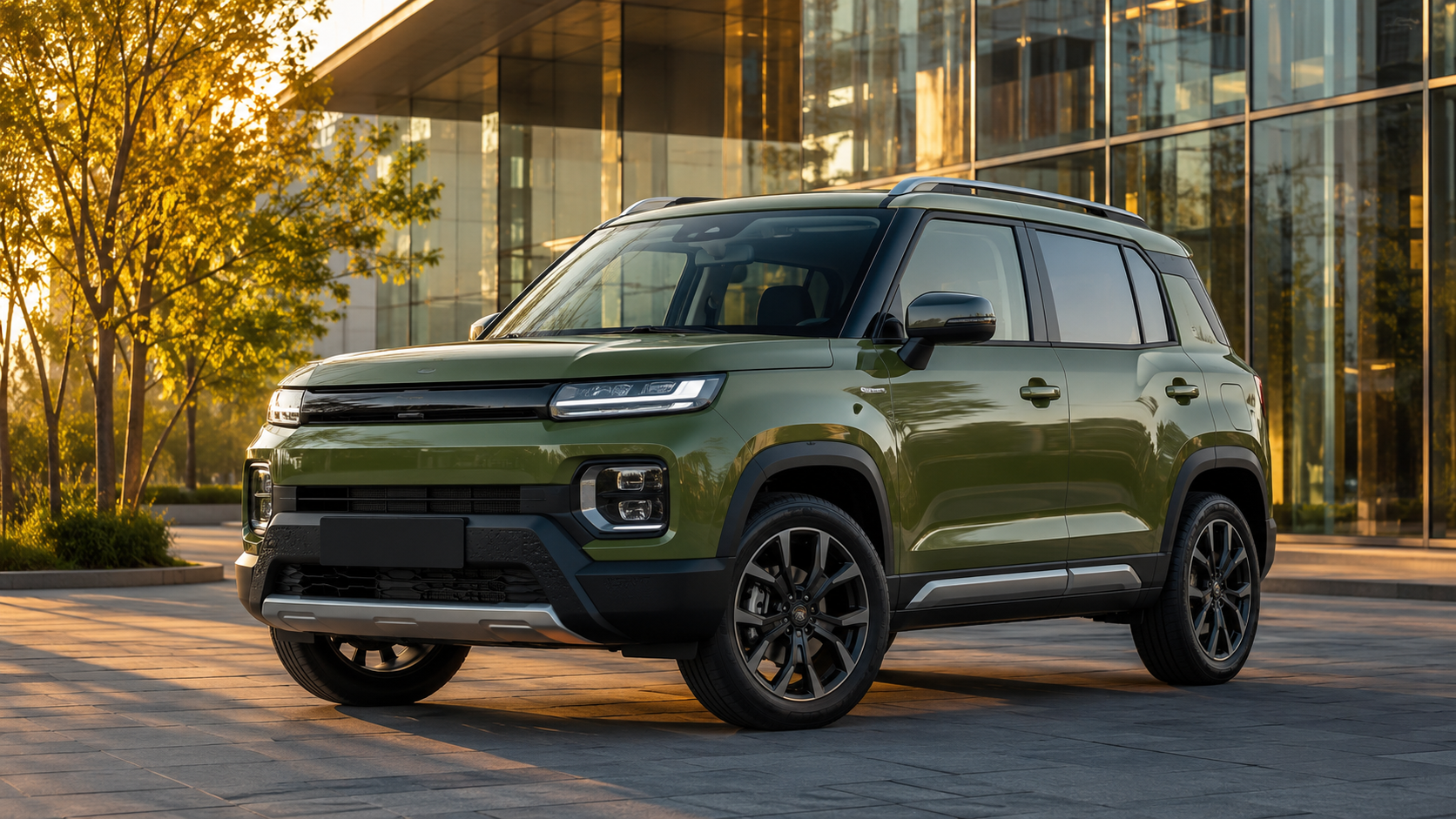 SUV đô thị cỡ B thiết kế vuông vức đỗ trước tòa nhà kính hiện đại