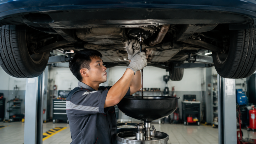 Kỹ thuật viên thay dầu hộp số ô tô trong xưởng dịch vụ