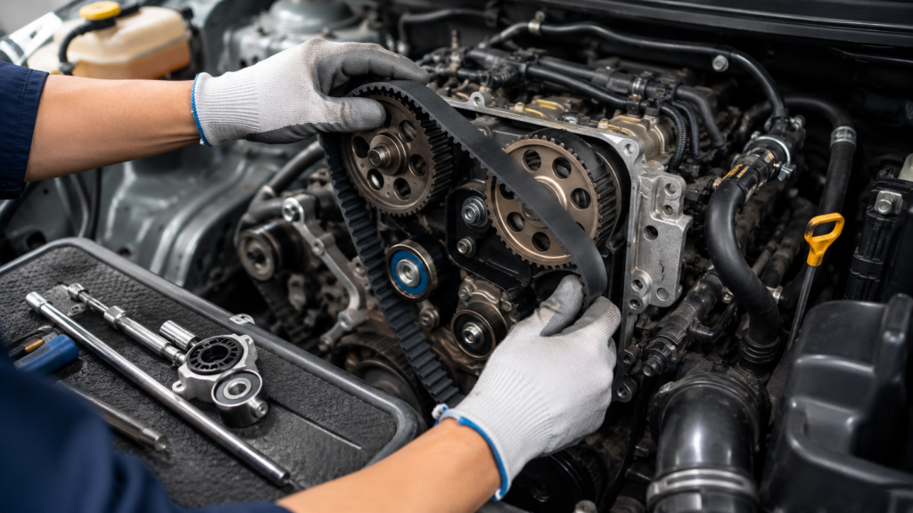 Kỹ thuật viên lắp dây curoa cam mới vào cụm puly động cơ ô tô tại garage