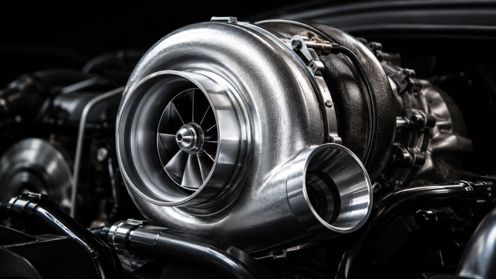 Cận cảnh cụm turbo tăng áp kim loại gắn trên động cơ ô tô