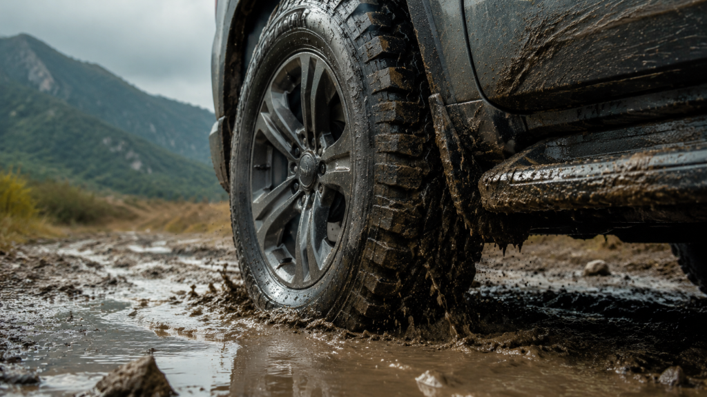 Bánh xe SUV lăn qua đoạn đường đất trơn trượt có vũng nước và bùn