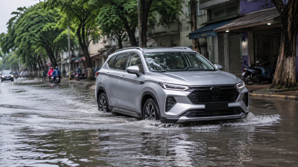 Crossover đi qua đoạn đường ngập nông với mực nước ngang nửa bánh xe