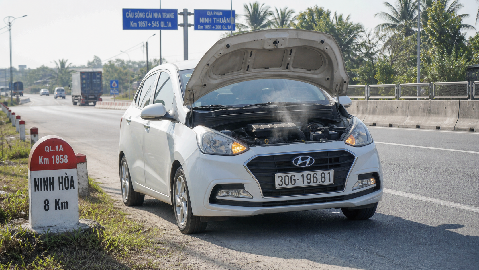 Xe sedan tấp lề mở nắp ca-pô khi bị nóng máy giữa đường
