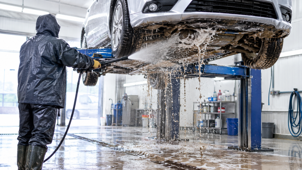 Kỹ thuật viên xịt rửa gầm ô tô trên cầu nâng sau khi xe đi ngập