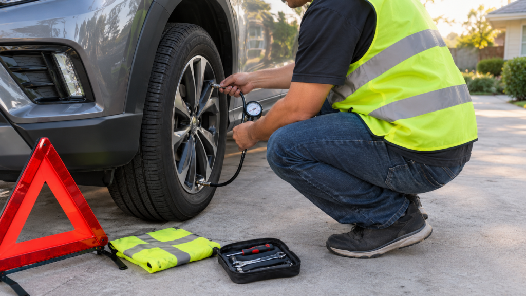 Kiểm tra áp suất lốp và đồ cảnh báo trước khi lái xe cao tốc