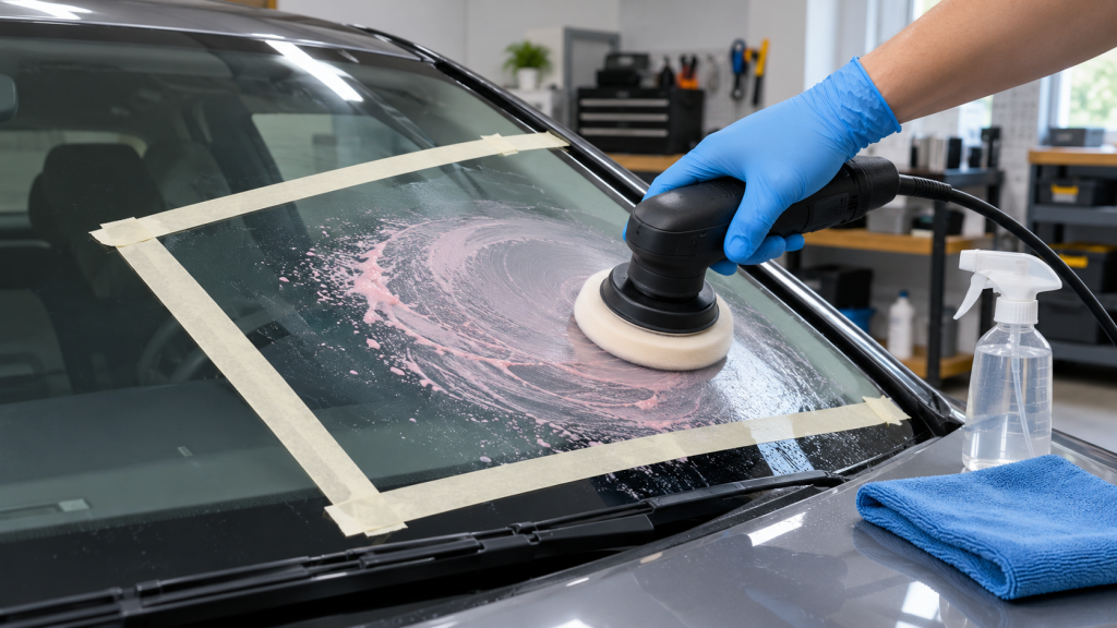 Đánh bóng kính ô tô bị xước bằng bột cerium oxide và phớt nỉ