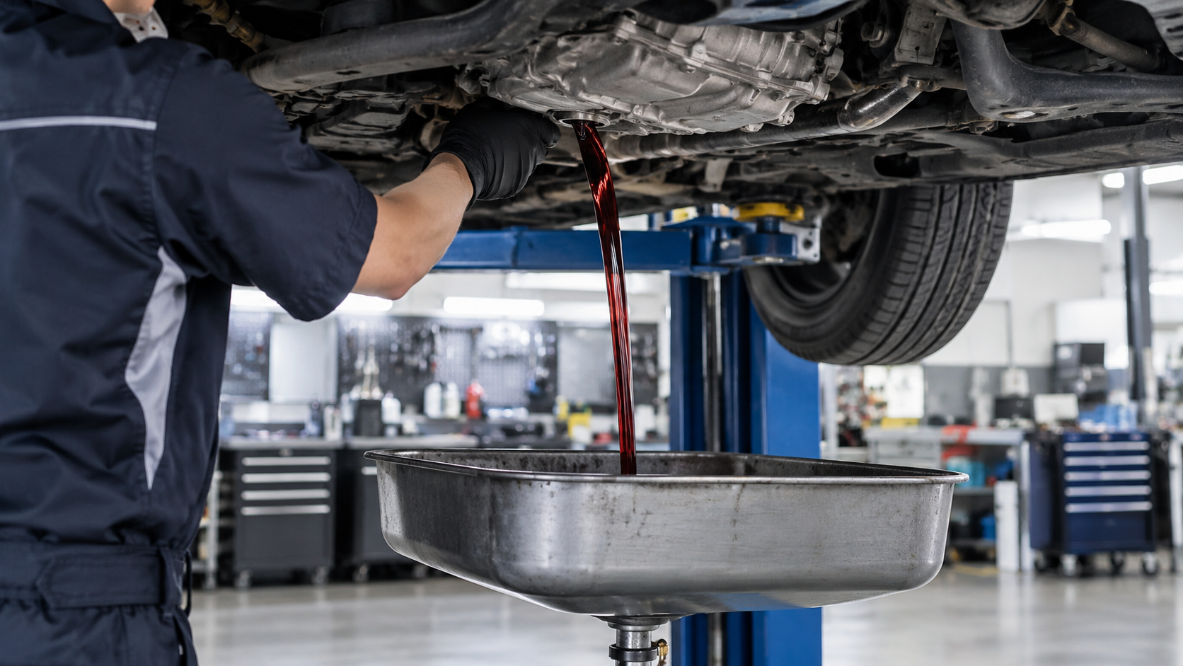 Kỹ thuật viên xả dầu hộp số tự động dưới gầm xe sedan
