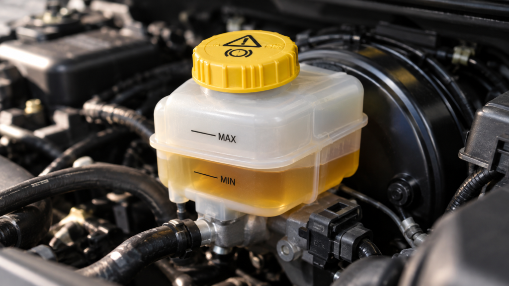 Bình chứa dầu phanh ô tô với mức dầu giữa vạch MIN và MAX