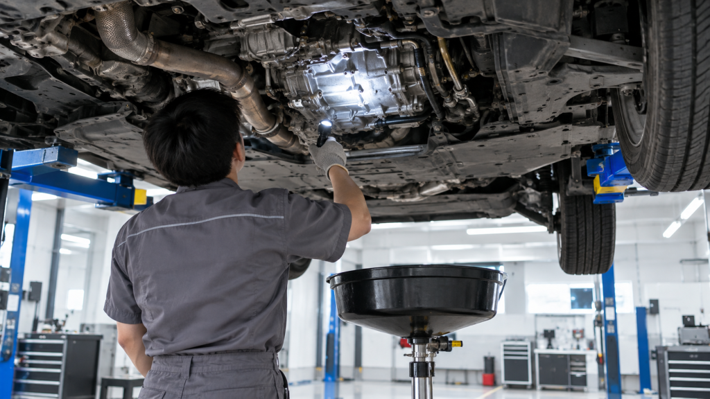 Kỹ thuật viên kiểm tra rò rỉ dầu hộp số tự động dưới gầm xe