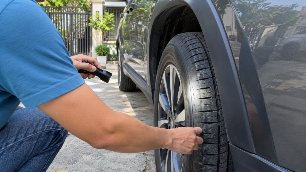 Chủ xe dùng đèn pin kiểm tra hông lốp và gai lốp tại nhà