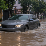 Ô tô sedan chạy chậm qua đường ngập nước triều cường trong thành phố