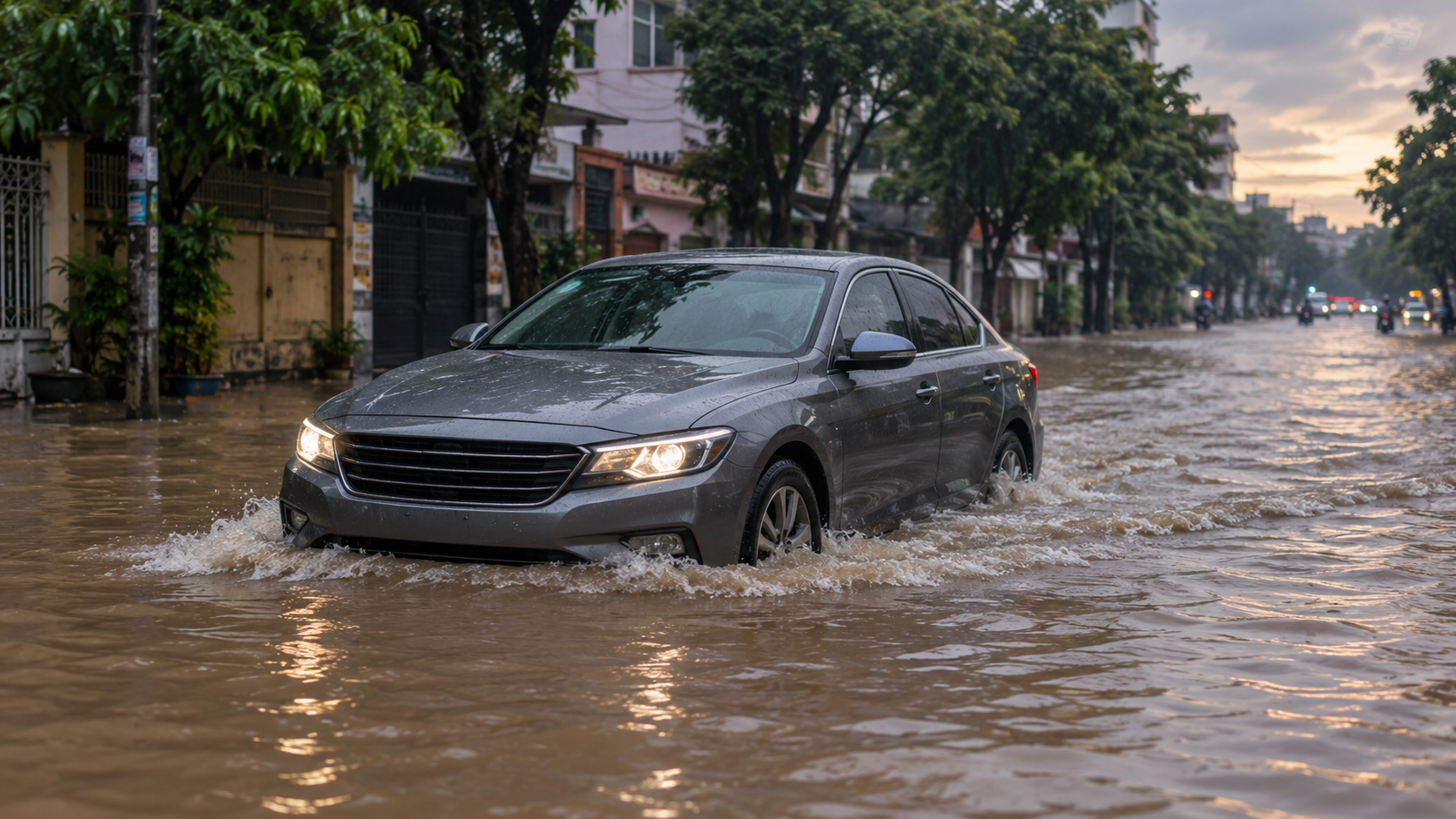 Ô tô sedan chạy chậm qua đường ngập nước triều cường trong thành phố
