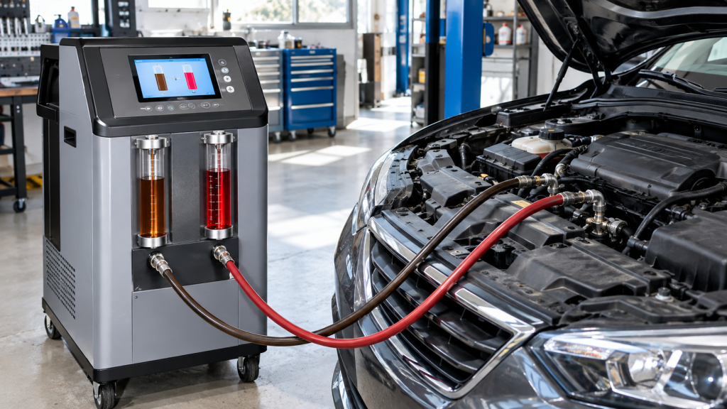 Máy thay dầu hộp số tự động tuần hoàn nối vào ô tô trong garage
