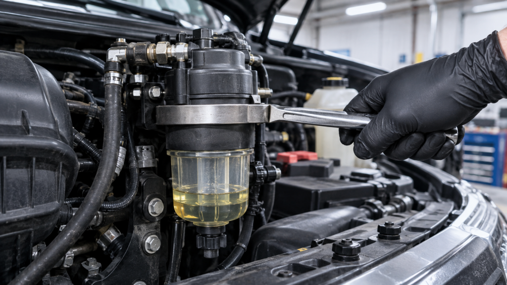 Kỹ thuật viên thay lọc dầu diesel có cốc tách nước trên xe bán tải