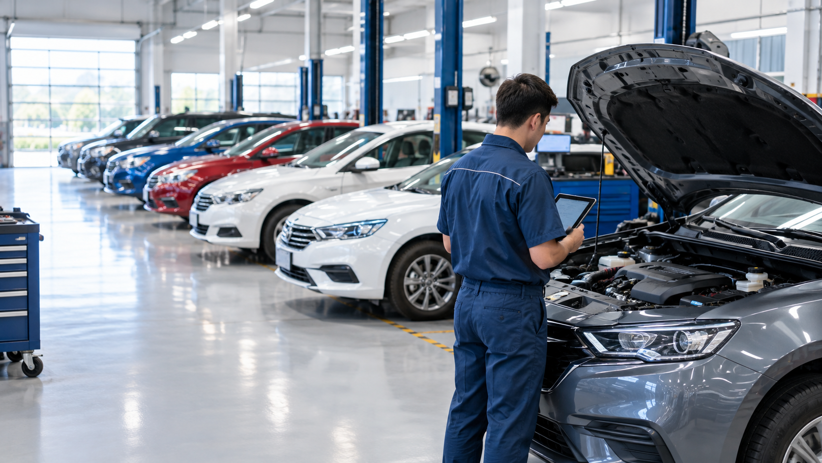 Nhiều ô tô xếp hàng tại xưởng dịch vụ chờ kiểm tra khi xe bị triệu hồi